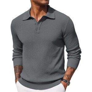 Mens Knit Polo Shirt Long Sleeve Casual Plain Waffle Textured‎ Collared Sweater